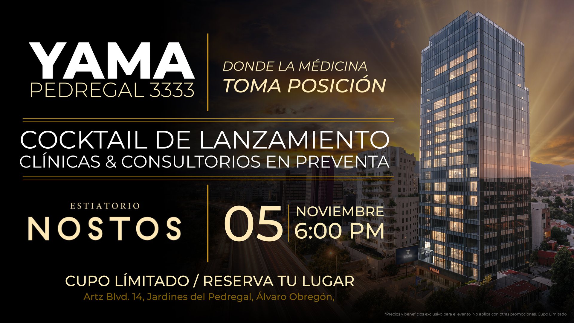 YAMA Pedregal 3333 · Cocktail de lanzamiento · 05 de noviembre, 6:00 PM · Estiatorio Nostos